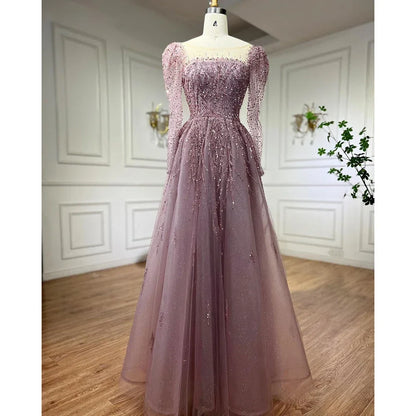 Luxury Dusty Pink Long Sleeves A-Line Evening Dress LA71915