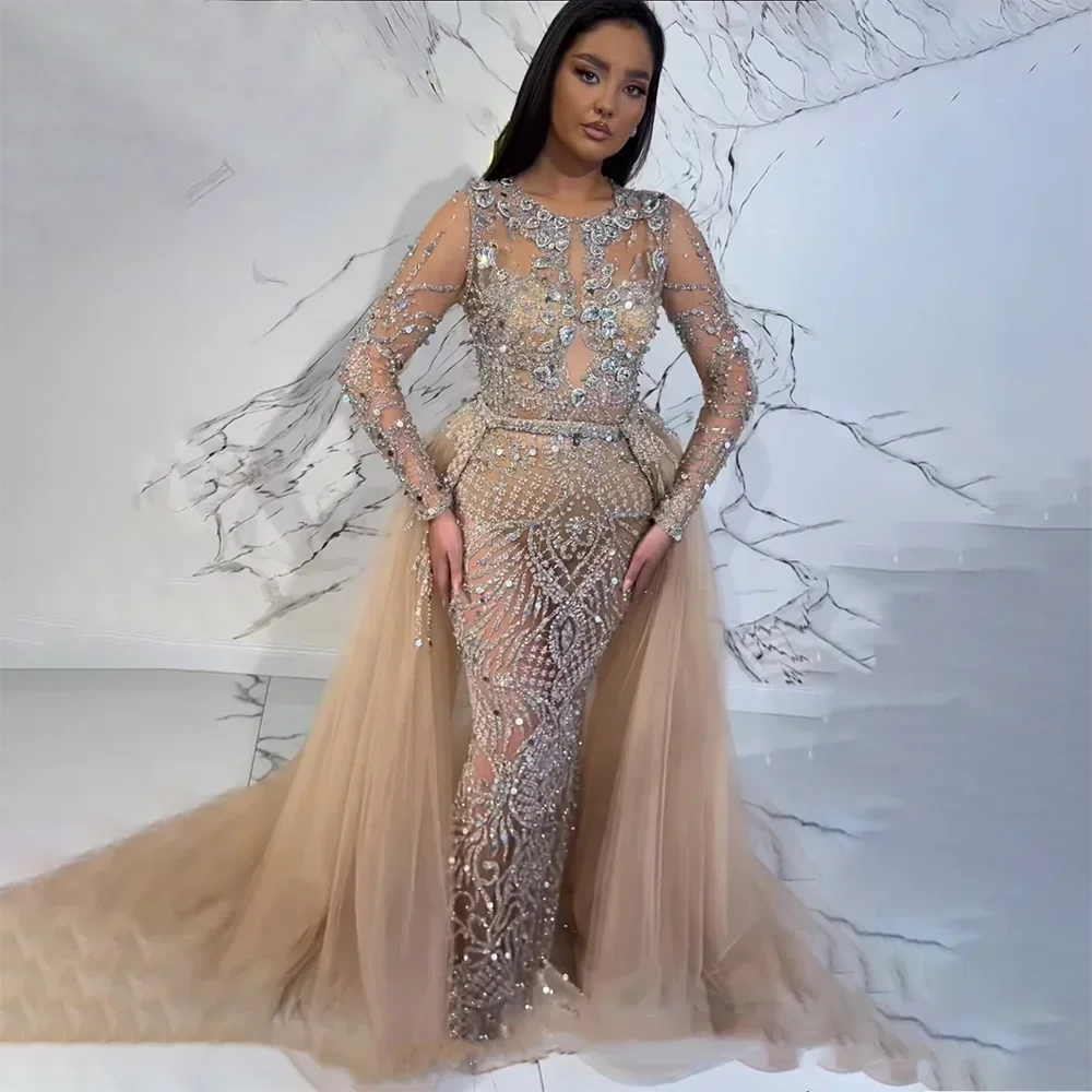 Serene Hill Muslim Silver Nude Mermaid Gown with Detachable Overskirt Beaded Evening Dress for Women Wedding Party  LA71919