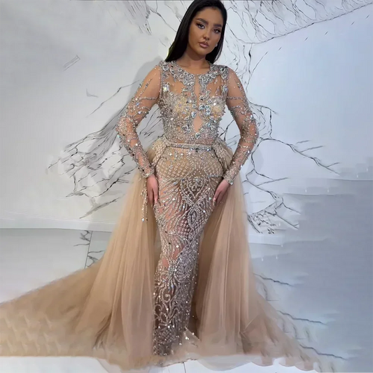 Serene Hill Muslimisches silbernes, hautfarbenes Meerjungfrauenkleid mit abnehmbarem Überrock und Perlenbesatz, Abendkleid für Damen, Hochzeit, Party, LA71919 