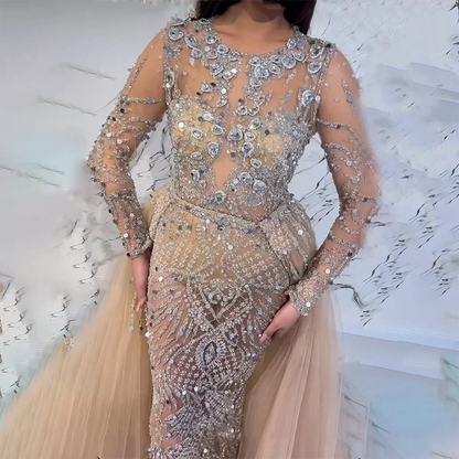 Serene Hill Muslim Silver Nude Mermaid Gown with Detachable Overskirt Beaded Evening Dress for Women Wedding Party  LA71919