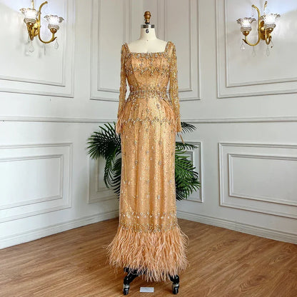 Muslim Luxury Feather Ankle Evening Dress with Long Sleeves LA71722