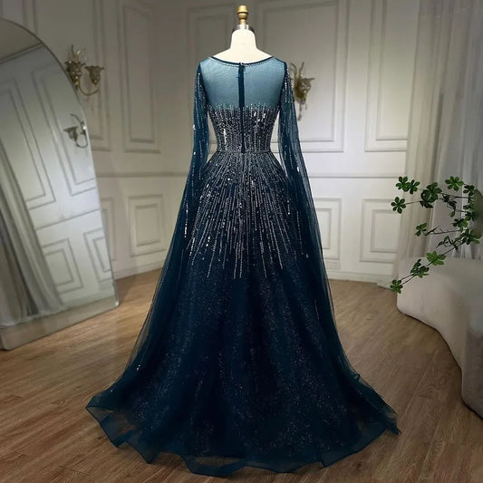Luxury  Blue  A-Line Evening Dresses with Cape Sleeve LA72248A