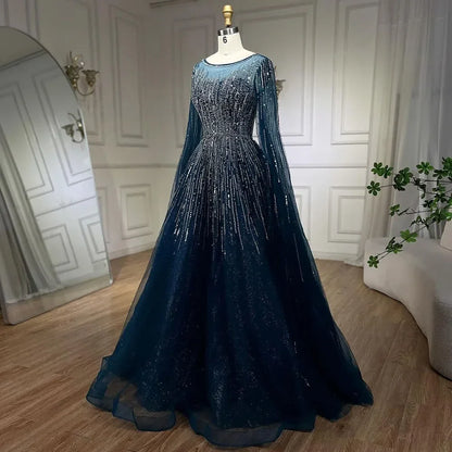Luxury  Blue  A-Line Evening Dresses with Cape Sleeve LA72248A