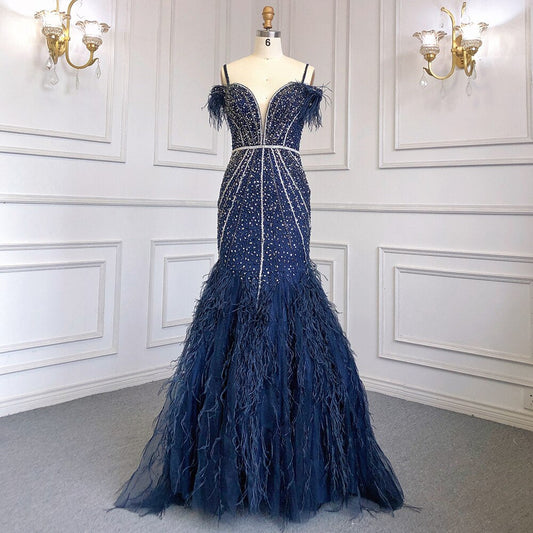 Luxury Feathers Navy Blue Prom Evening Dresses LA71656