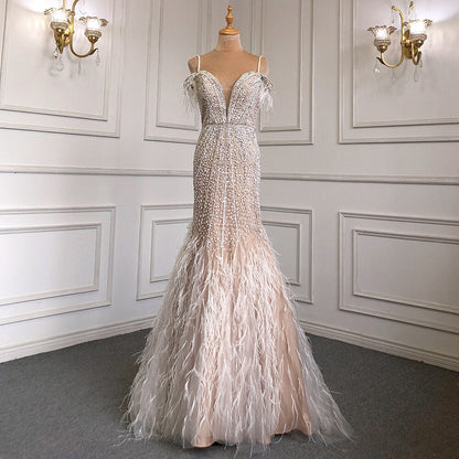 Luxury Feathers Navy Blue Prom Evening Dresses LA71656