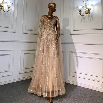 Luxuriöses, nudefarbenes Dubai-Abendkleid mit Cape-Ärmeln LA71567