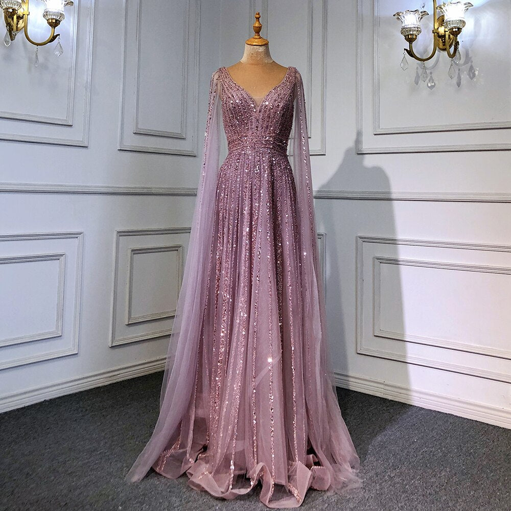 Luxuriöses, nudefarbenes Dubai-Abendkleid mit Cape-Ärmeln LA71567