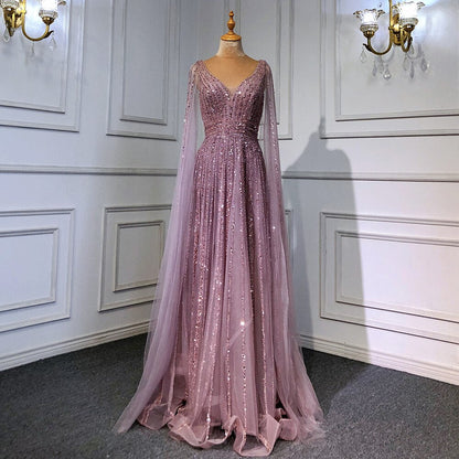 Luxuriöses, nudefarbenes Dubai-Abendkleid mit Cape-Ärmeln LA71567