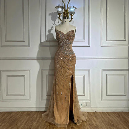 Luxury Dubai Nude Beaded Mermaid Evening Gown with High Split for Formal Occasion LA72904