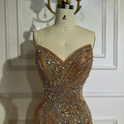 Luxury Dubai Nude Beaded Mermaid Evening Gown with High Split for Formal Occasion LA72904