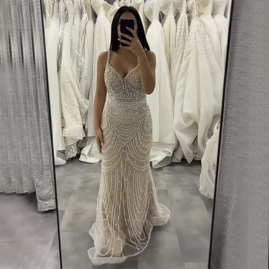Nude Beaded Arabic Evening Gown with Spaghetti Straps LA72253A