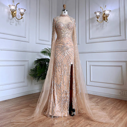 Luxury Nude Beaded Mermaid Evening Dress with Cape LA71747