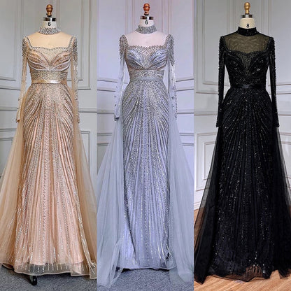 Luxury Nude Modest Beaded Tassel Mermaid Evening Dress LA71533