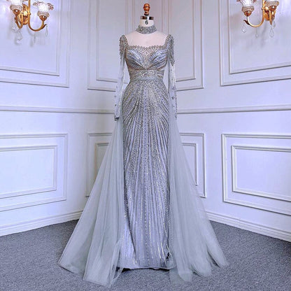 Luxury Nude Modest Beaded Tassel Mermaid Evening Dress LA71533
