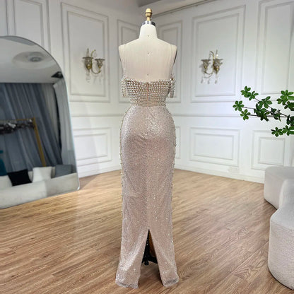 Serene Hill Nude Spaghetti Straps Mermaid Evening Dress with Beaded Pearls - Luxury Dubai Gown for Women's Wedding Party LA72393