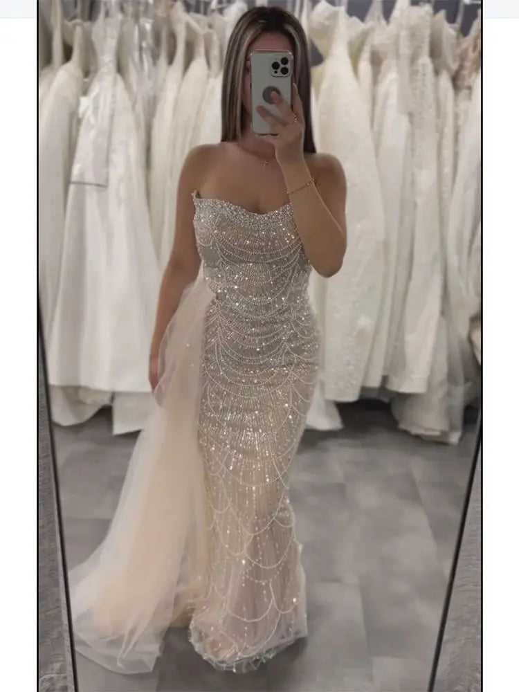 Luxury Dubai Nude Beaded Evening Gown with Sheer Side Train for Formal Occasion LA72886