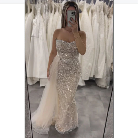 Luxury Dubai Nude Beaded Evening Gown with Sheer Side Train for Formal Occasion LA72886