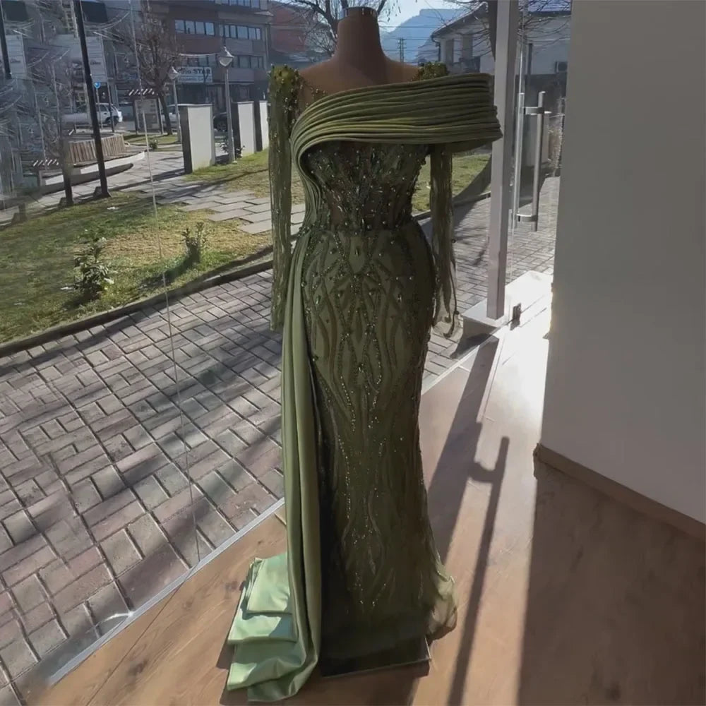 Luxury Olive Green Beaded Mermaid Evening Dress with Crystal LA72396