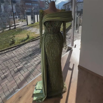 Luxury Olive Green Beaded Mermaid Evening Dress with Crystal LA72396