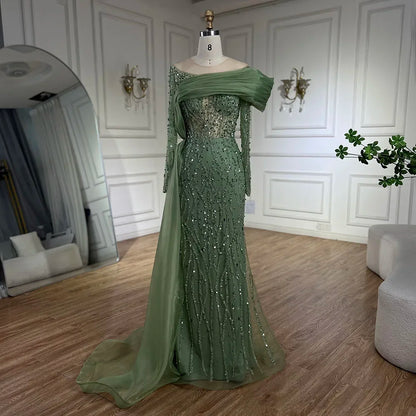 Luxury Olive Green Beaded Mermaid Evening Dress with Crystal LA72396