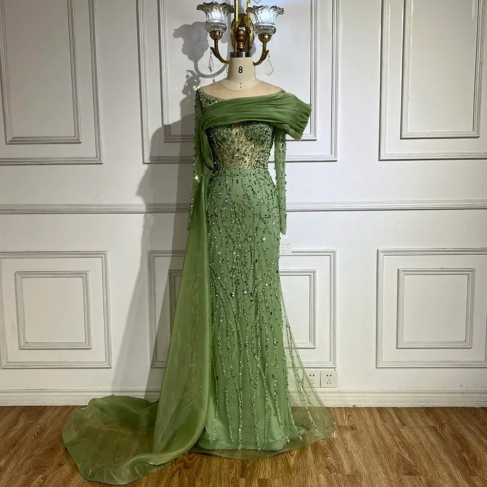 Luxury Olive Green Beaded Mermaid Evening Dress with Crystal LA72396