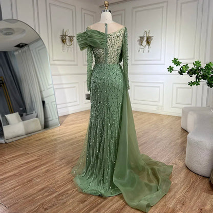 Luxury Olive Green Beaded Mermaid Evening Dress with Crystal LA72396
