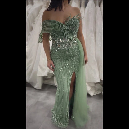 Luxury Dubai Pink Beaded One-Shoulder Mermaid Evening Gown with Slit and Tulle Detail for Formal Occasion LA72888