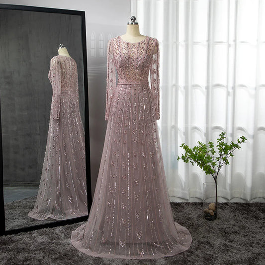 Serene Hill Pink Mermaid Elegant O-Neck Long SleevesEvening Dresses Gowns Luxury Beaded  For Woman Party LA71696