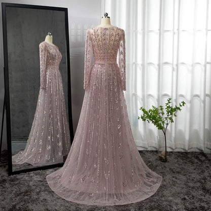 Serene Hill Pink Mermaid Elegant O-Neck Long SleevesEvening Dresses Gowns Luxury Beaded  For Woman Party LA71696