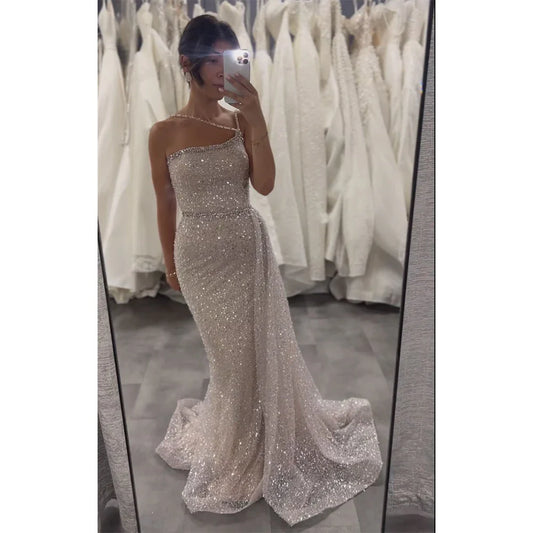 Luxury Dubai Pink One Shoulder Beaded Evening Gown With Overskirt for Formal Occasion LA72887