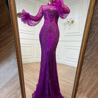 Serene Hill Purple Mermaid Elegant High Neck Evening Dresses Gowns  Long Sleeves Beaded Luxury For Women Party LA71690