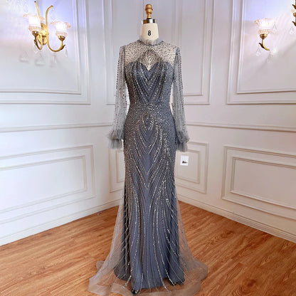Serene Hill Purple Mermaid Elegant High Neck Evening Dresses Gowns  Long Sleeves Beaded Luxury For Women Party LA71690