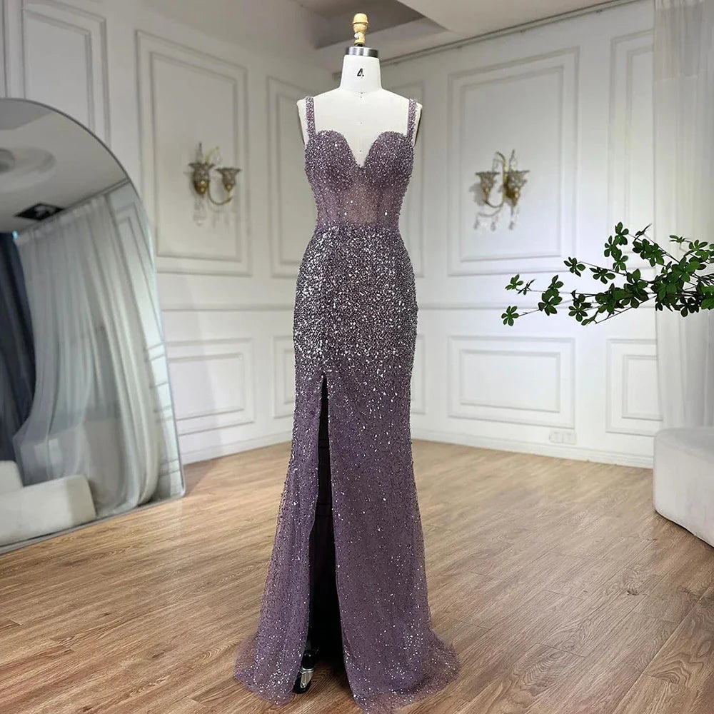 Serene Hill Purple Spaghetti Straps Mermaid Beaded Party High Split Evening Dresses Gowns for Woman Wedding Party 2025 LA72454