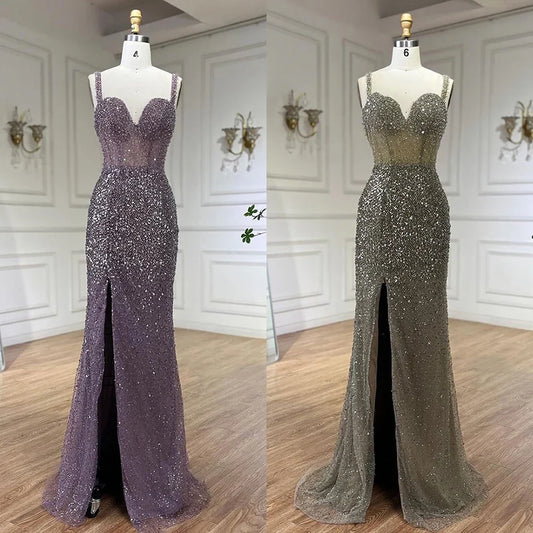Serene Hill Purple Spaghetti Straps Mermaid Beaded Party High Split Evening Dresses Gowns for Woman Wedding Party 2025 LA72454