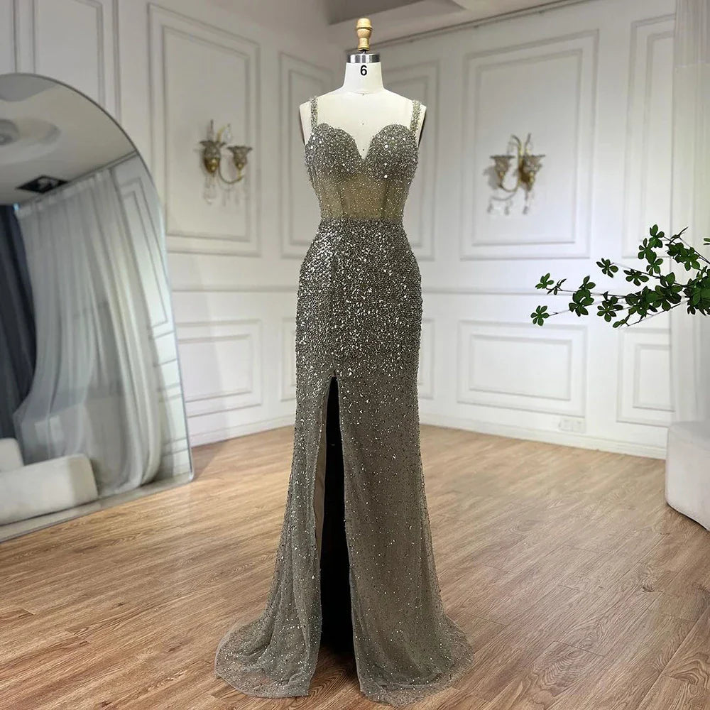 Serene Hill Purple Spaghetti Straps Mermaid Beaded Party High Split Evening Dresses Gowns for Woman Wedding Party 2025 LA72454