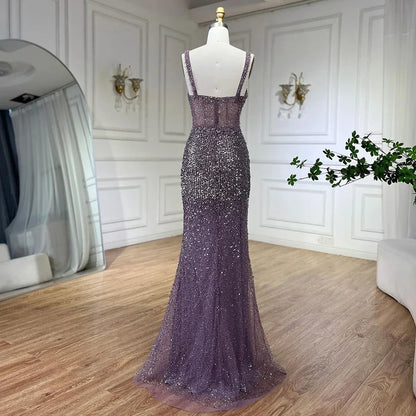 Serene Hill Purple Spaghetti Straps Mermaid Beaded Party High Split Evening Dresses Gowns for Woman Wedding Party 2025 LA72454