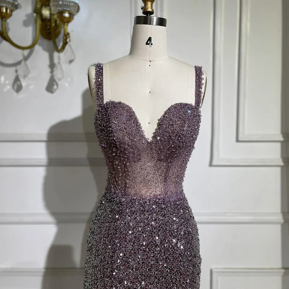 Serene Hill Purple Spaghetti Straps Mermaid Beaded Party High Split Evening Dresses Gowns for Woman Wedding Party 2025 LA72454