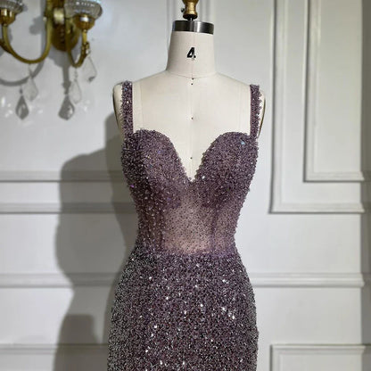Serene Hill Purple Spaghetti Straps Mermaid Beaded Party High Split Evening Dresses Gowns for Woman Wedding Party 2025 LA72454
