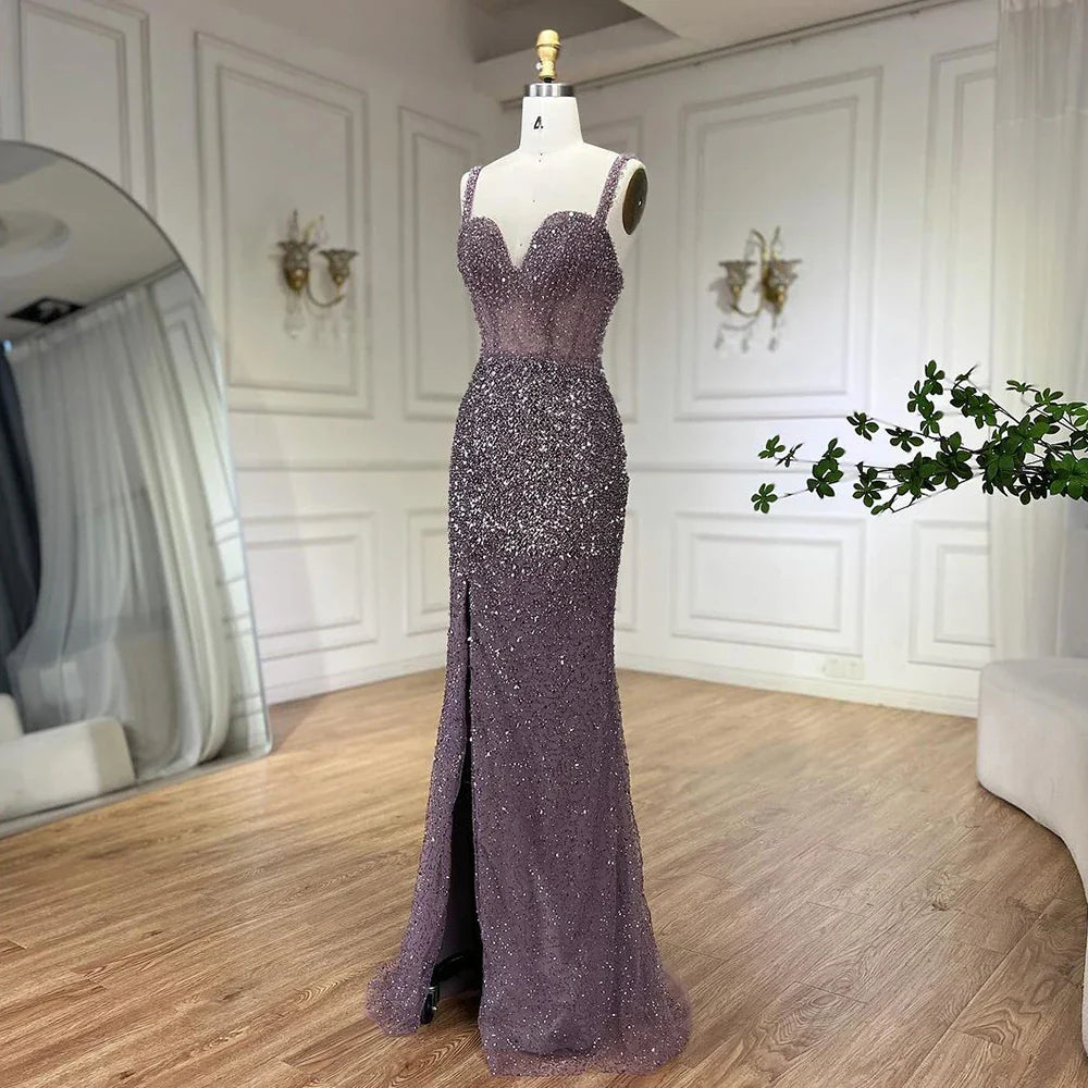 Serene Hill Purple Spaghetti Straps Mermaid Beaded Party High Split Evening Dresses Gowns for Woman Wedding Party 2025 LA72454