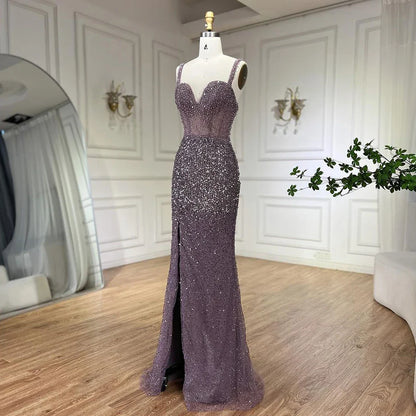 Serene Hill Purple Spaghetti Straps Mermaid Beaded Party High Split Evening Dresses Gowns for Woman Wedding Party 2025 LA72454