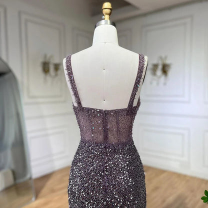 Serene Hill Purple Spaghetti Straps Mermaid Beaded Party High Split Evening Dresses Gowns for Woman Wedding Party 2025 LA72454