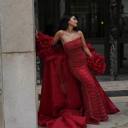 Serene Hill Luxury Designer Red Mermaid Evening Dress With Puff Sleeves LA72585
