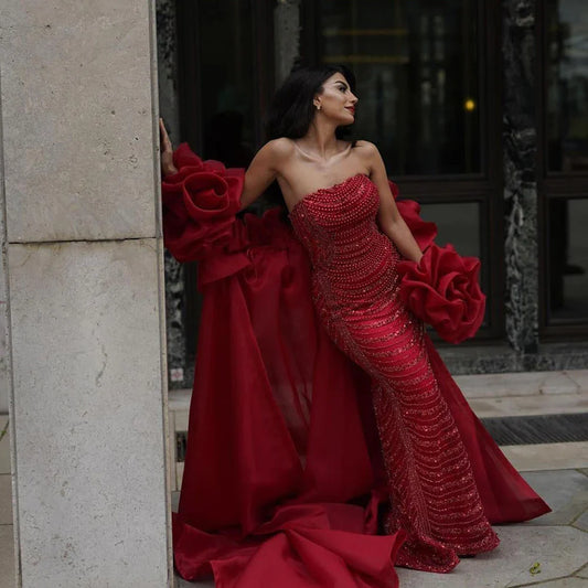 Serene Hill Luxury Designer Red Mermaid Evening Dress With Puff Sleeves LA72585