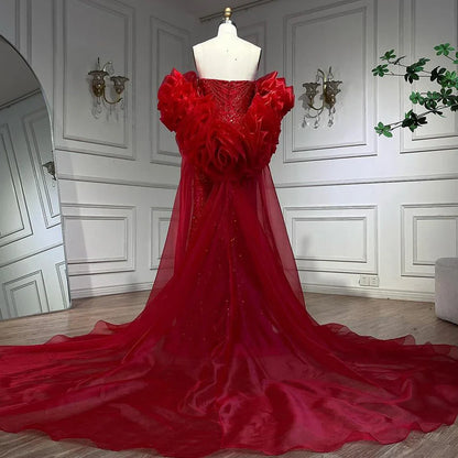 Serene Hill Luxury Designer Red Mermaid Evening Dress With Puff Sleeves LA72585