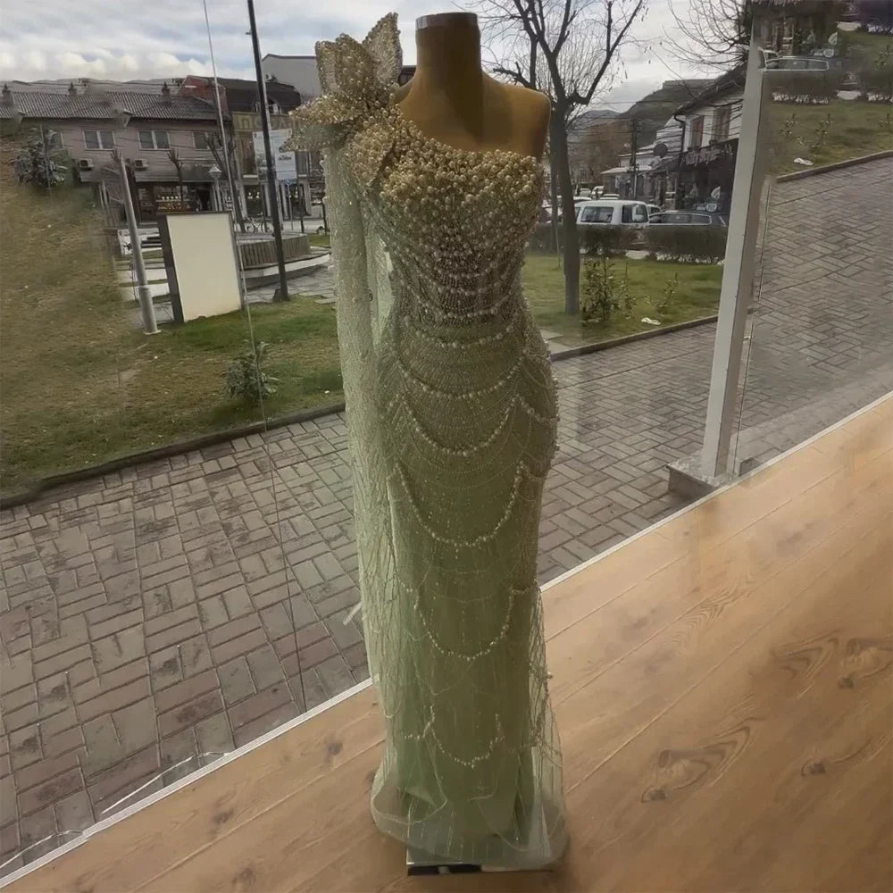 Luxury Sage Green One-Shoulder Pearls Beaded Evening Dress LA72511