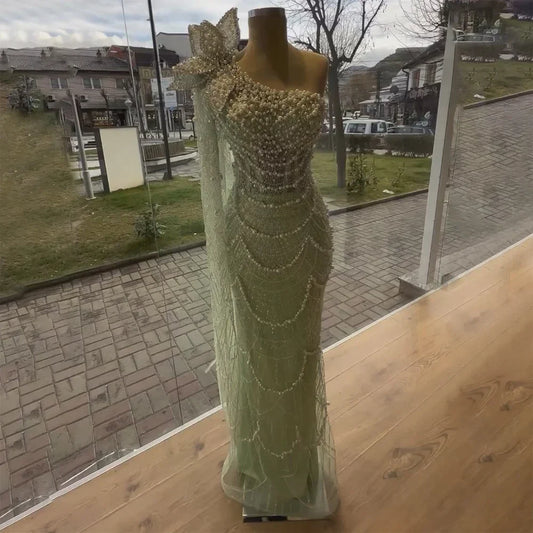 Luxury Sage Green One-Shoulder Pearls Beaded Evening Dress LA72511