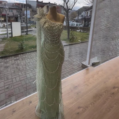 Luxury Sage Green One-Shoulder Pearls Beaded Evening Dress LA72511