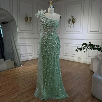 Luxury Sage Green One-Shoulder Pearls Beaded Evening Dress LA72511