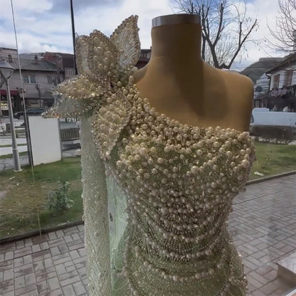Luxury Sage Green One-Shoulder Pearls Beaded Evening Dress LA72511