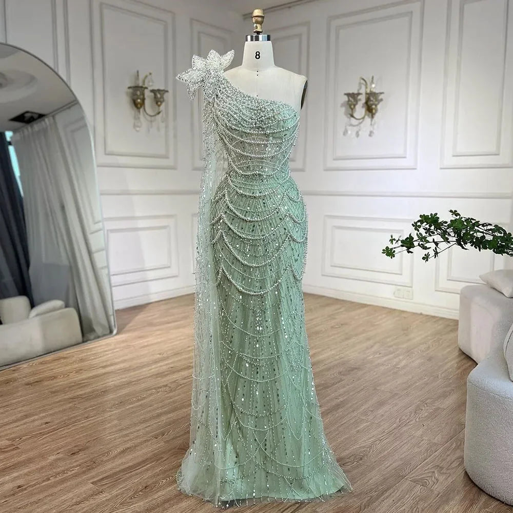Luxury Sage Green One-Shoulder Pearls Beaded Evening Dress LA72511